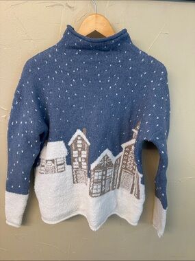 cupcakes & cashmere Blue and White Village Turtleneck Sweater
